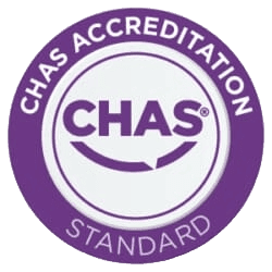 A circular badge with a purple border and the text "CHAS ACCREDITATION STANDARD" around it. Inside, a smaller circle contains the word "CHAS" and a checkmark-like design. Perfect for use in a professional footer template.
