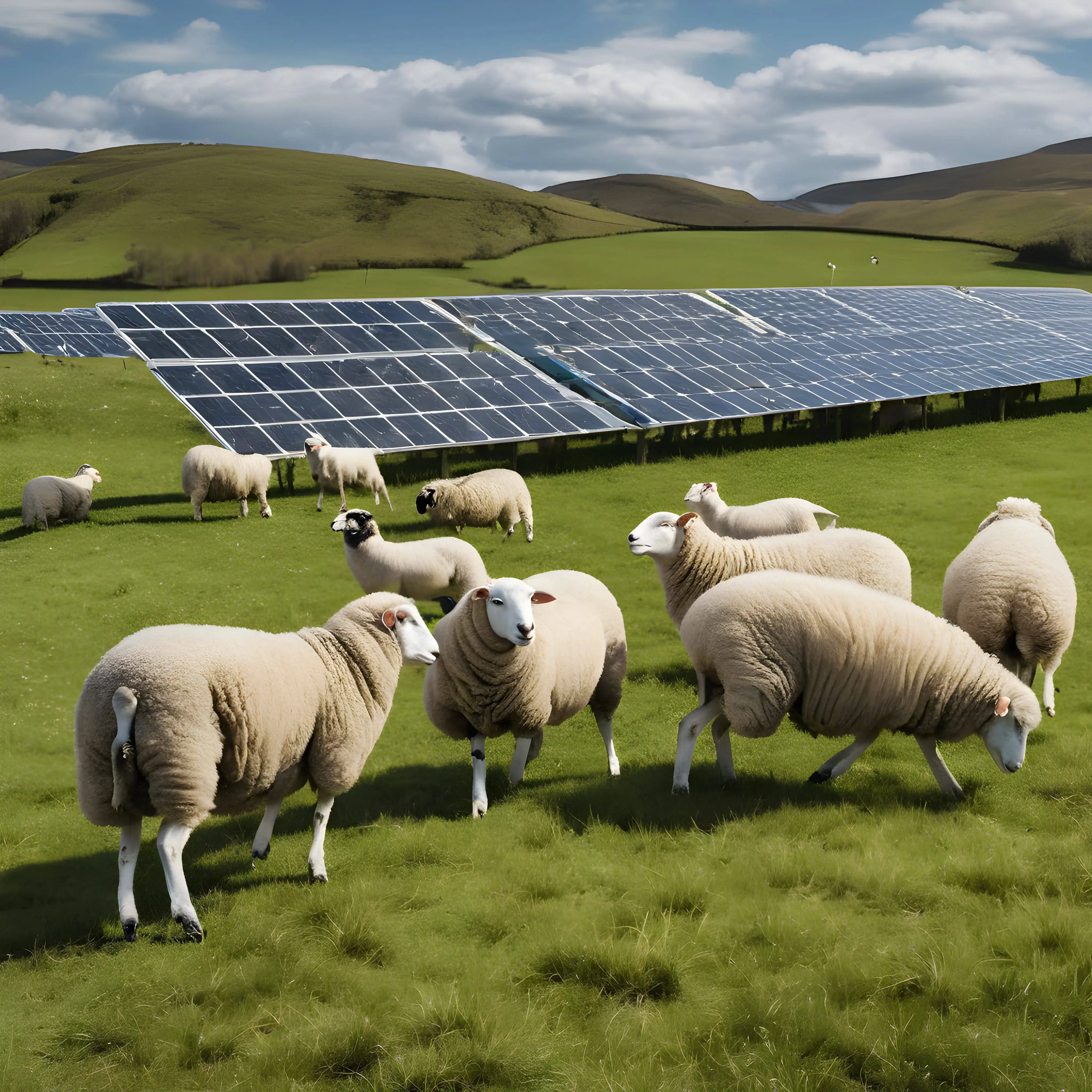 Sheep grazing on a grassy field with solar panels and rolling hills in the background under a partly cloudy sky, illustrating a smart investment in renewable energy solutions.