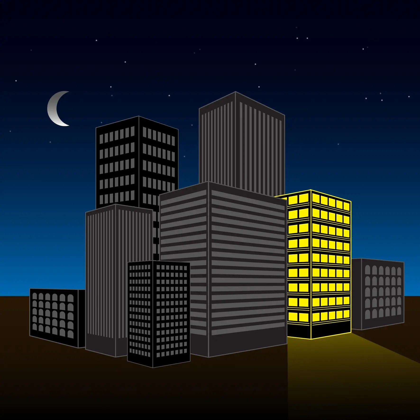 Illustration of a cityscape at night; buildings with windows are depicted, with one building lit in yellow while the others appear dark, possibly due to a power cut. A crescent moon and stars are visible in the dark blue sky.