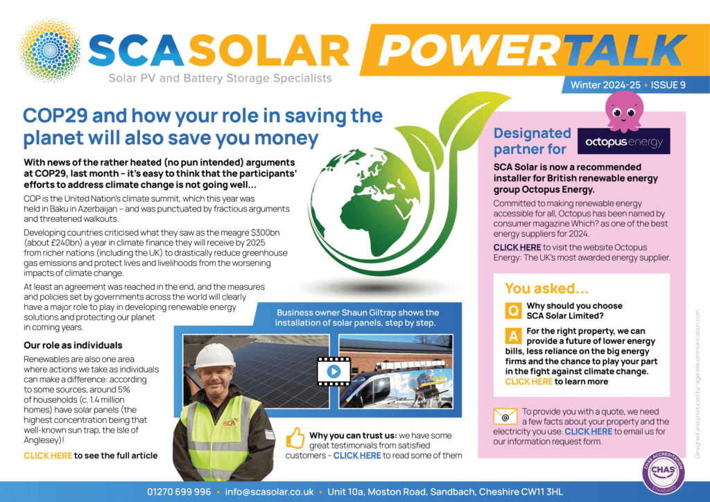 Promotional newsletter from SCA Solar discussing the benefits of solar energy. It includes details about COP29, partnerships, and contact information.